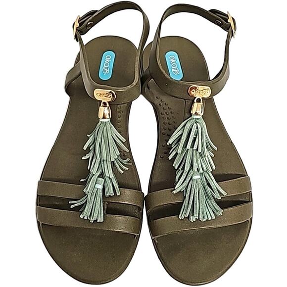 okaB Womens Fiesta Flat Sandals Brown Green Rose Gold Accents Adj Straps Size 8 - Picture 2 of 11